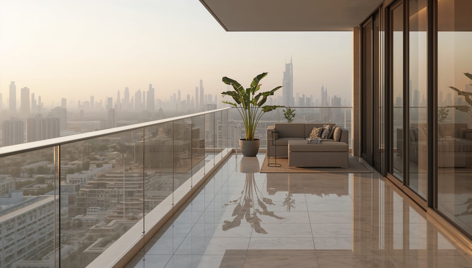 Clean balcony glass, windows and railing with a tiled floor and Dubai skyline view